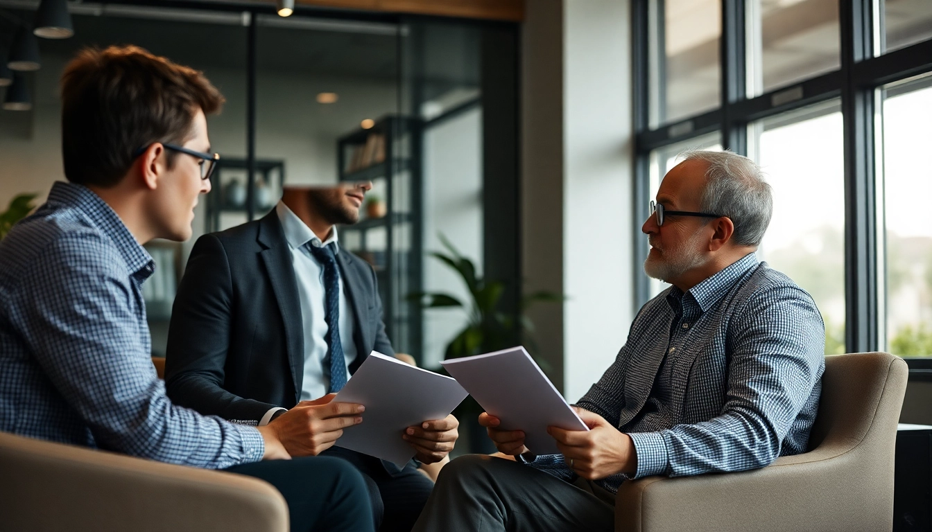 Unternehmensberatung: Berater engagiert in einem professionellen Gespräch mit Klienten über strategische Fragen.
