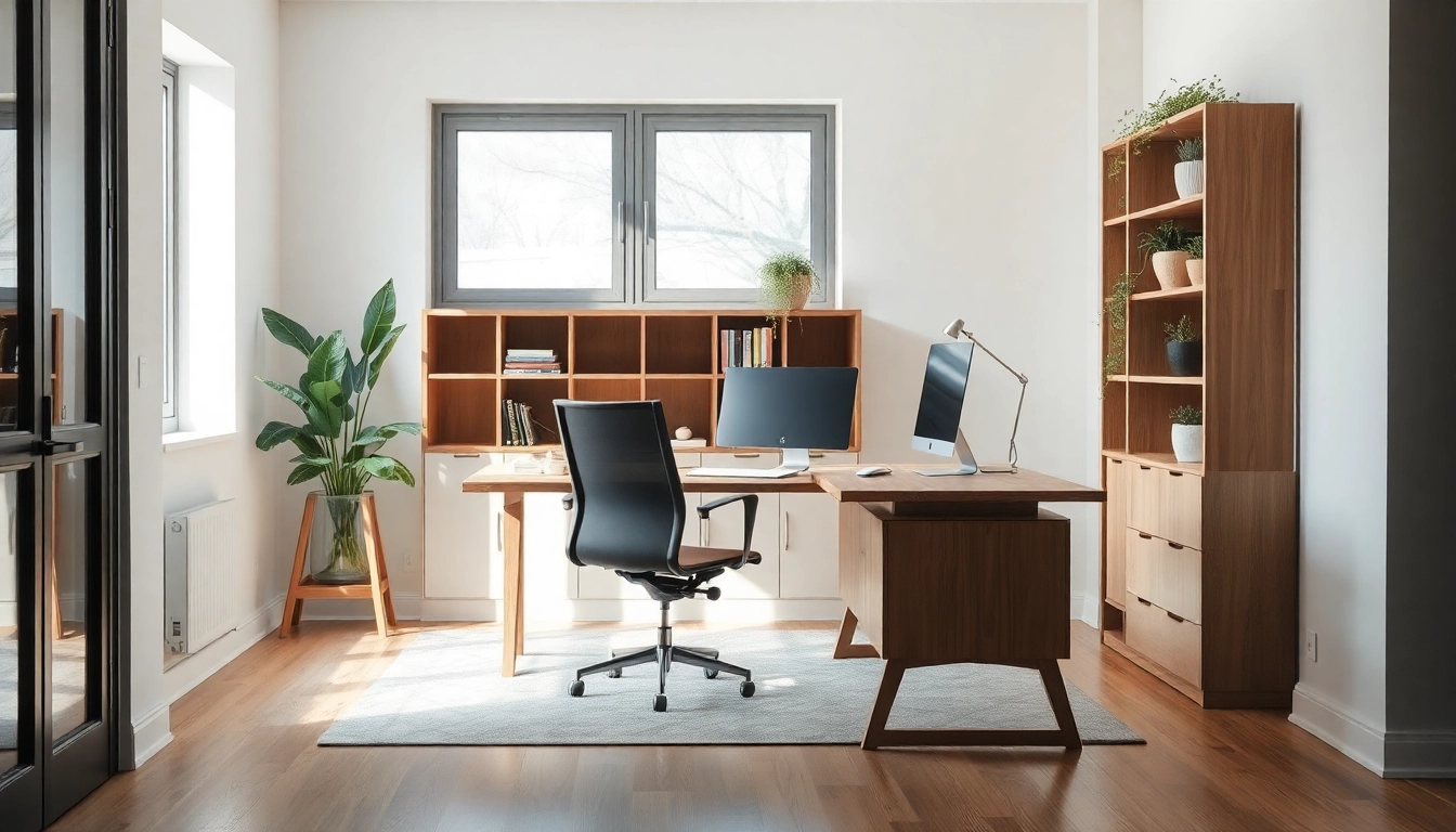 Moderne Büromöbel in einem stilvollen Büro mit ergonomischem Stuhl und Holzschreibtisch.