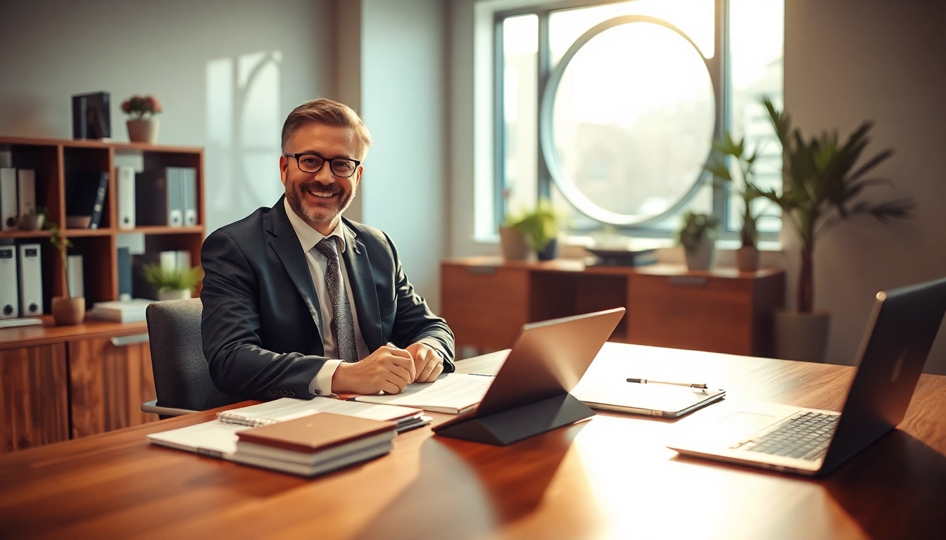 Rechtsanwalt im modernen Büro berät Klienten kompetent und freundlich.