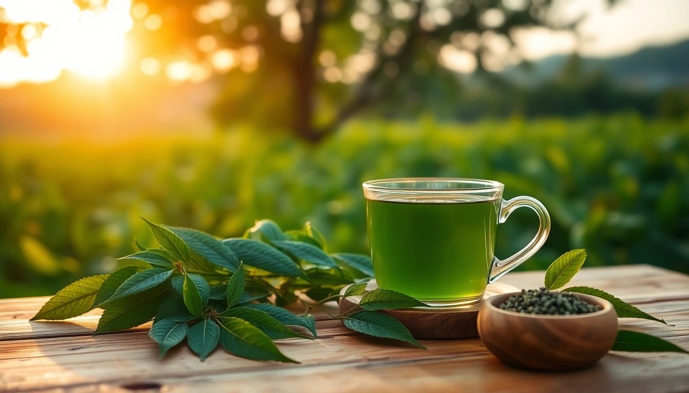 Genießen Sie beruhigenden Kratom-Tee von https://www.kratombird.de in einem ruhigen Ambiente mit frischen Blättern und einer Tasse auf einem Tisch.