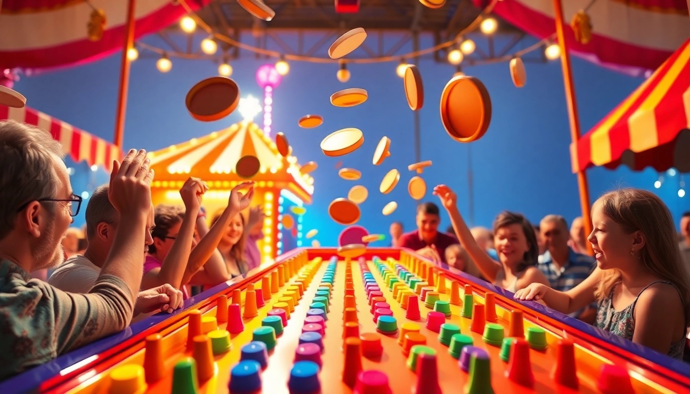 Experience the excitement of the plinko game with colorful pegs and vibrant disks falling in a carnival setting.