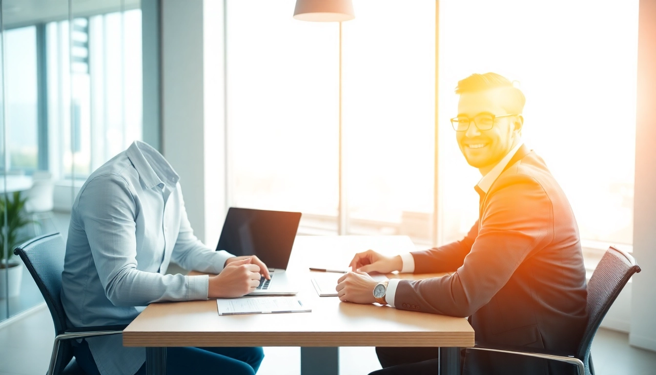 Professionelle Personalvermittlung: Ein Personalvermittler berät einen Kandidaten in einem modernen Büro.