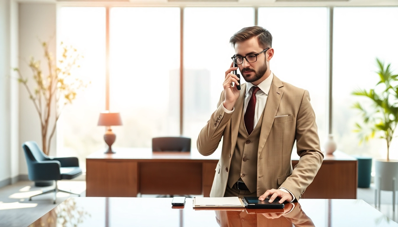 Headhunter führt ein Telefonat in einem modernen Büro mit eleganter Einrichtung.