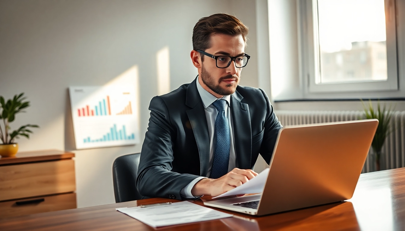 Headhunter Finance - Geschäftsmann konzentriert am Schreibtisch mit Finanzdokumenten.