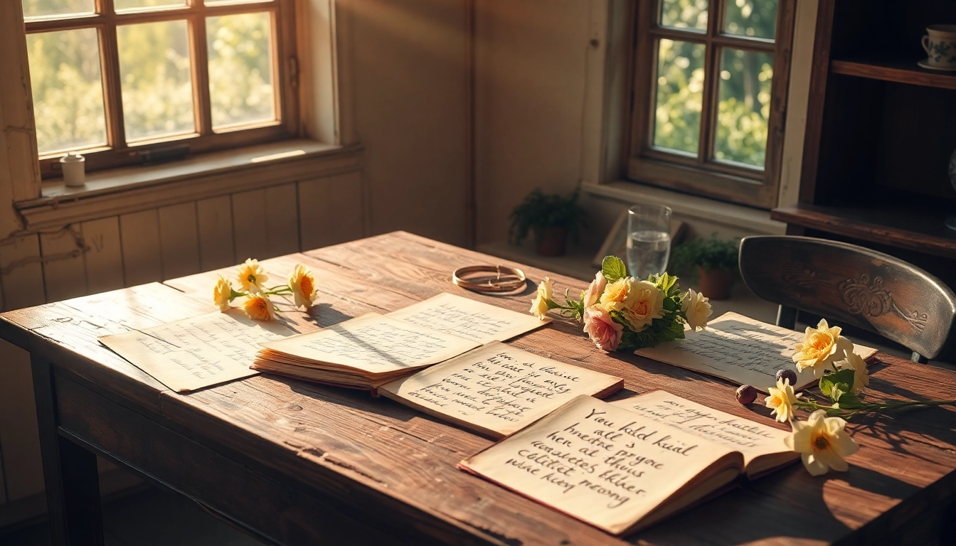 Zum Schreiben inspirierende Gedichte auf einem rustikalen Tisch mit Blumen und Sonnenlicht