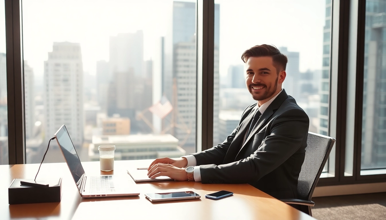 Headhunter IT bei der Arbeit: junger Mann im Anzug an modernem Schreibtisch mit Laptop und Stadtblick.