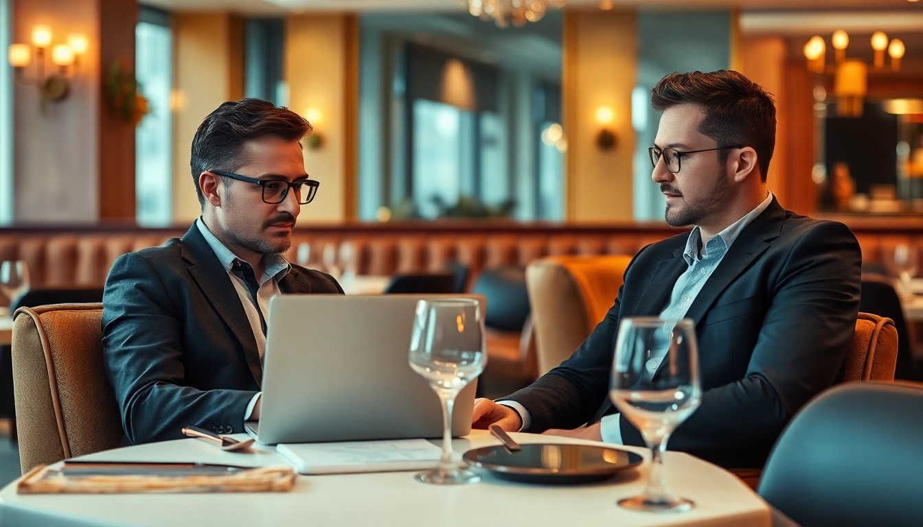 Headhunter Gastronomie diskutiert mit einem Gast in einem eleganten Restaurant, umgeben von stilvollem Ambiente.