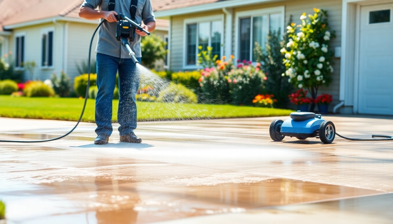 Driveway pressure wash in action with professional equipment cleaning a concrete surface.